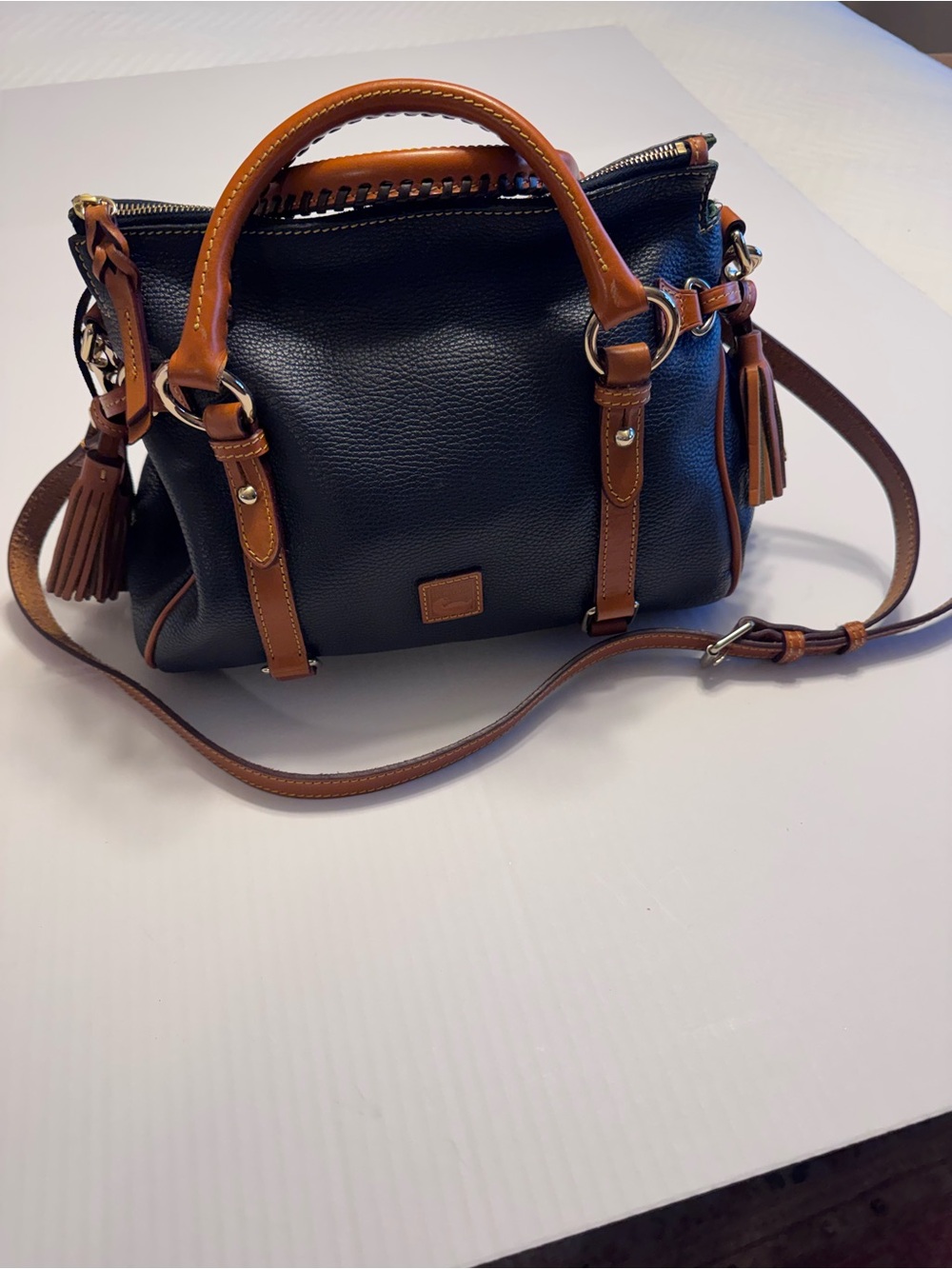 Dooney & Bourke Navy Pebbled Leather Satchel with Brown Trim